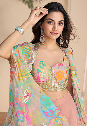 Digital Printed Chinon Chiffon Crop Top Set in Peach