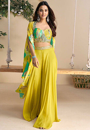 Digital Printed Chinon Chiffon Crop Top Set in Yellow