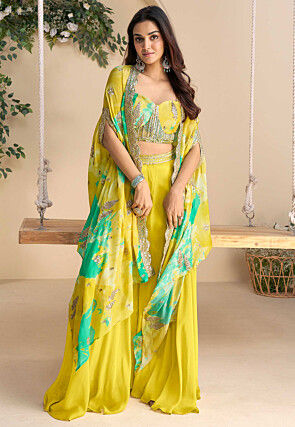 Digital Printed Chinon Chiffon Crop Top Set in Yellow