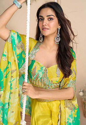 Digital Printed Chinon Chiffon Crop Top Set in Yellow