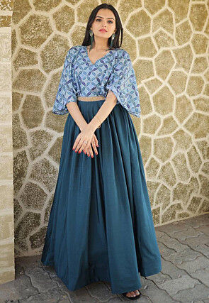 Digital Printed Chinon Chiffon Flared Gown in Blue
