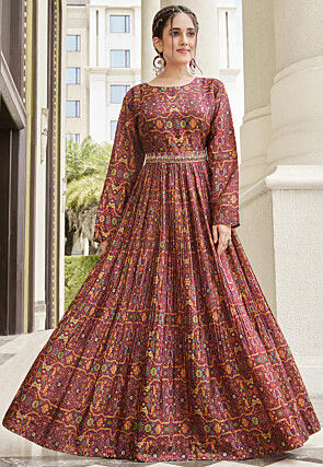 Digital Printed Chinon Chiffon Flared Gown in Maroon