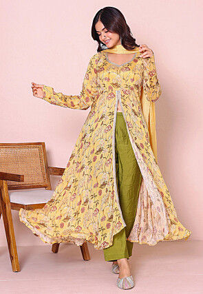 Digital Printed Chinon Chiffon Front Slit A Line Suit in Yellow