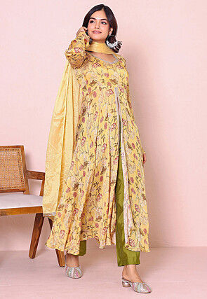 Digital Printed Chinon Chiffon Front Slit A Line Suit in Yellow