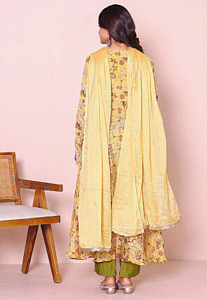 Digital Printed Chinon Chiffon Front Slit A Line Suit in Yellow