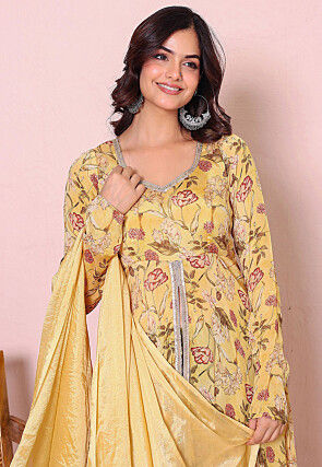 Digital Printed Chinon Chiffon Front Slit A Line Suit in Yellow