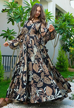 Digital Printed Chinon Chiffon Gown in Black