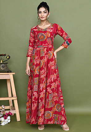 Digital Printed Chinon Chiffon Gown in Fuchsia