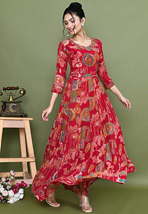 Digital Printed Chinon Chiffon Gown in Fuchsia