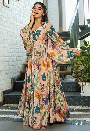 Digital Printed Chinon Chiffon Gown in Peach