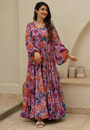 Digital Printed Chinon Chiffon Gown in Pink