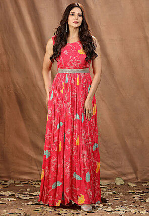 Digital Printed Chinon Chiffon Gown in Red