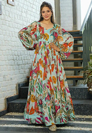 Digital Printed Chinon Chiffon Gown in Sea Green
