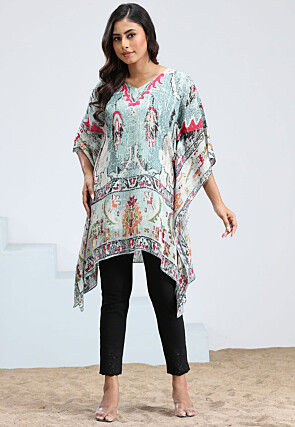 Digital Printed Chinon Chiffon Kaftan in Light Blue