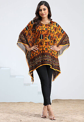 Digital Printed Chinon Chiffon Kaftan in Mustard