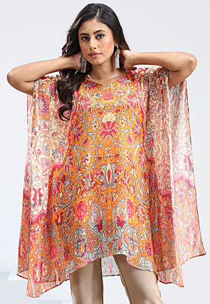 Digital Printed Chinon Chiffon Kaftan in Orange