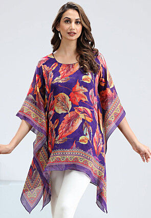 Digital Printed Chinon Chiffon Kaftan in Purple