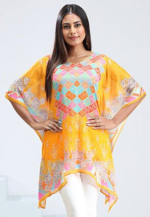 Digital Printed Chinon Chiffon Kaftan in Yellow