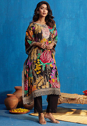 Digital Printed Chinon Chiffon Kaftan Set in Multicolor