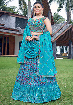 Digital Printed Chinon Chiffon Lehenga in Blue
