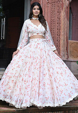 Digital Printed Chinon Chiffon Lehenga in Off White