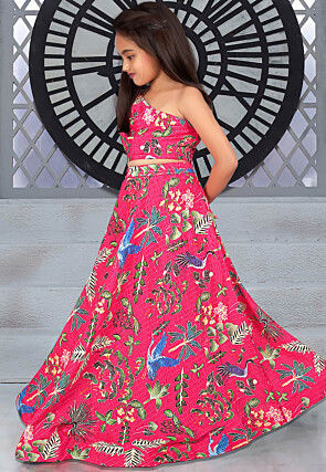 Digital Printed Chinon Chiffon Lehenga in Pink