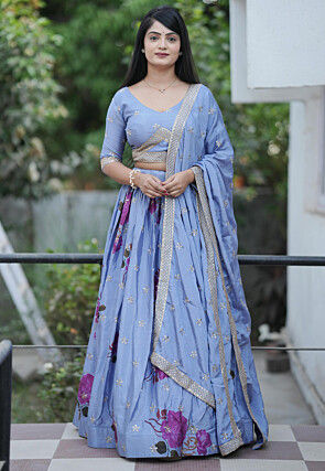 Digital Printed Chinon Chiffon Lehenga in Sky Blue