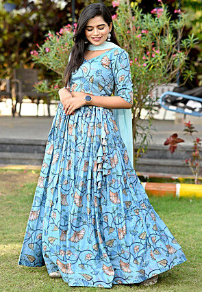 Digital Printed Chinon Chiffon Lehenga in Sky Blue