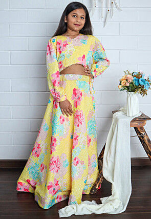 Digital Printed Chinon Chiffon Lehenga in Yellow
