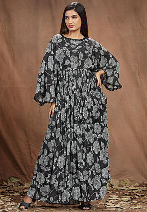Digital Printed Chinon Chiffon Long Flared Dress in Black