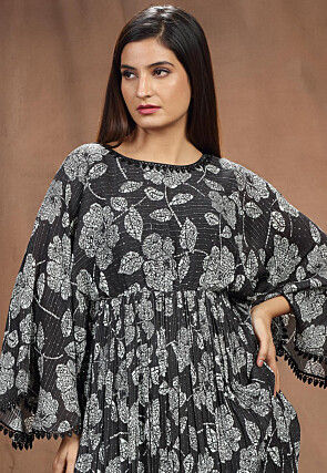 Digital Printed Chinon Chiffon Long Flared Dress in Black