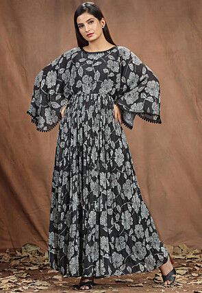 Digital Printed Chinon Chiffon Long Flared Dress in Black