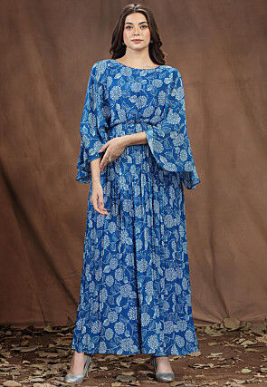Digital Printed Chinon Chiffon Long Flared Dress in Blue