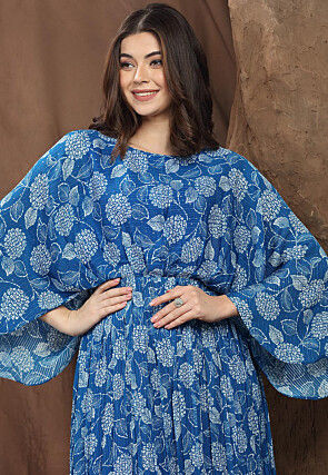 Digital Printed Chinon Chiffon Long Flared Dress in Blue