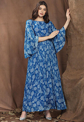 Digital Printed Chinon Chiffon Long Flared Dress in Blue