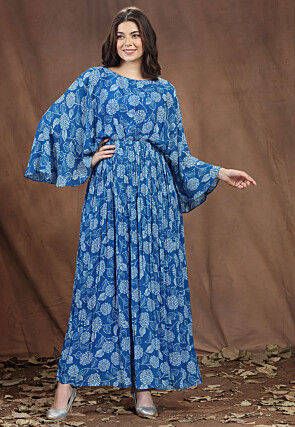 Digital Printed Chinon Chiffon Maxi Dress in Blue