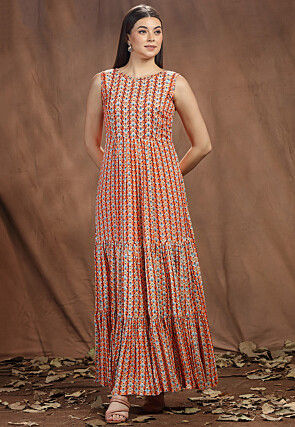 Digital Printed Chinon Chiffon Maxi Dress in Orange and Multicolor