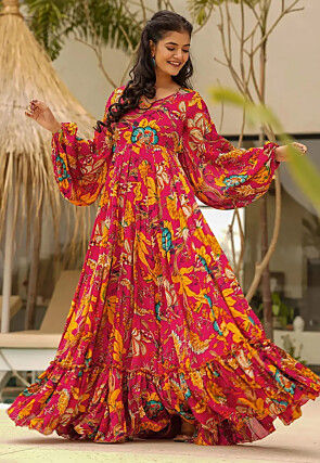 Digital Printed Chinon Chiffon Maxi Dress in Pink