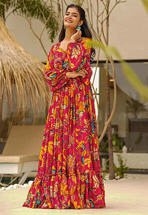 Digital Printed Chinon Chiffon Maxi Dress in Pink