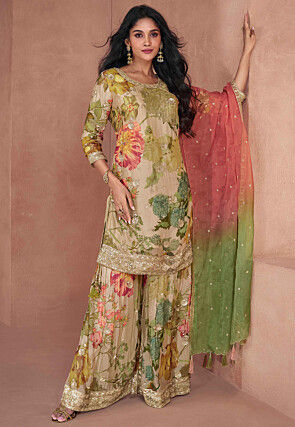Digital Printed Georgette Pakistani Suit in Beige
