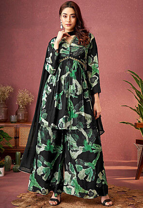 Digital Printed Chinon Chiffon Pakistani Suit in Black and Green