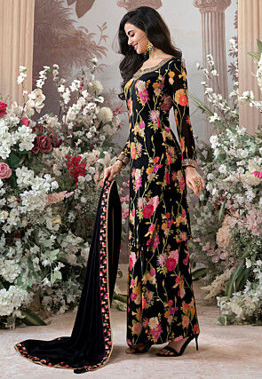 Digital Printed Chinon Chiffon Pakistani Suit in Black