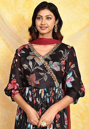 Digital Printed Chinon Chiffon Pakistani Suit in Charcoal Black