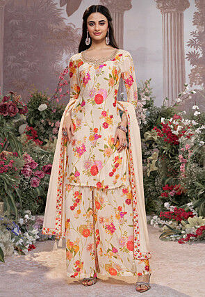 Digital Printed Chinon Chiffon Pakistani Suit in Cream