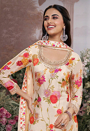 Digital Printed Chinon Chiffon Pakistani Suit in Cream