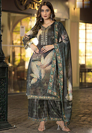 Digital Printed Chinon Chiffon Pakistani Suit in Dark Brown