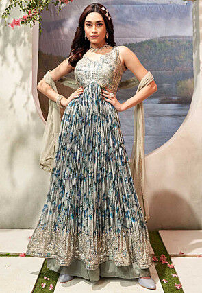 Digital Printed Chinon Chiffon Pakistani Suit in Grey and Teal Blue