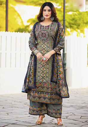 Digital Printed Chinon Chiffon Pakistani Suit in Grey