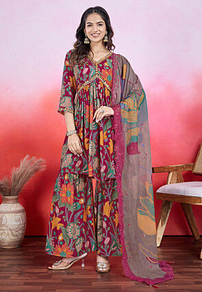 Digital Printed Chinon Chiffon Pakistani Suit in Magenta