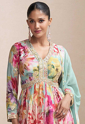 Digital Printed Chinon Chiffon Pakistani Suit in Multicolor